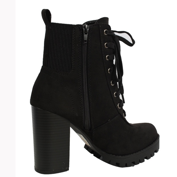 Size 8 Black Faux Suede Lace Up Stacked Block Heel - Picture 5 of 8